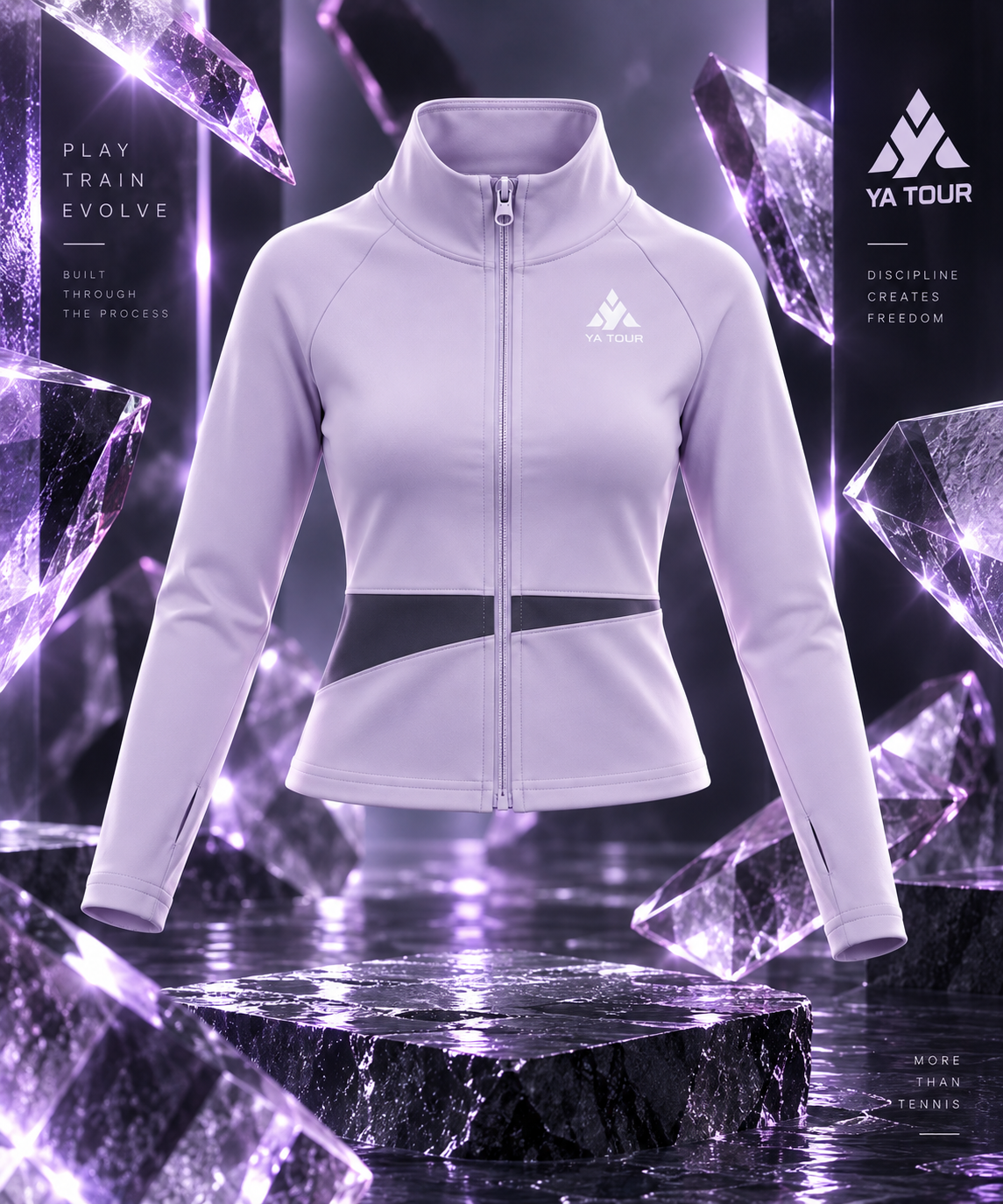 YA TOUR Women's Paneled Tennis Jacket – Light Purple with Deep Purple panel, hero product shot showing stand collar, full-zip closure, fitted crop silhouette, diagonal panel construction and YA TOUR logo on chest in crystal and neon purple studio setting