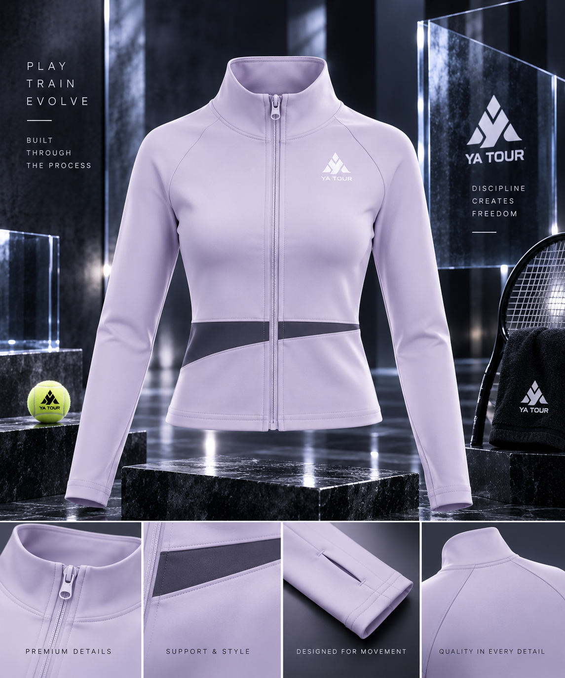 YA TOUR Women's Paneled Tennis Jacket – Light Purple with Deep Purple panel, editorial studio product shot showing stand collar, full-zip closure, diagonal panel construction and YA TOUR logo on chest alongside detail close-ups of zipper, panel seam, thumb hole cuff and collar, with YA TOUR tennis ball and racket as props