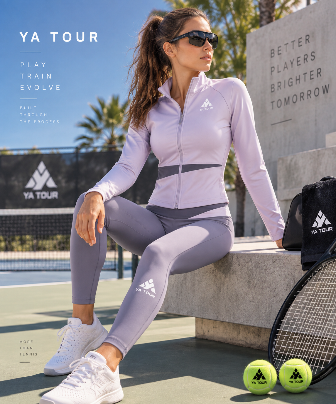 YA TOUR Women's Color Block Tennis Leggings – Deep Purple with Light Purple color block crossover waistband, on-model seated front view showing high-waist fit, four-way stretch silhouette and YA TOUR logo on calf in outdoor tennis court setting