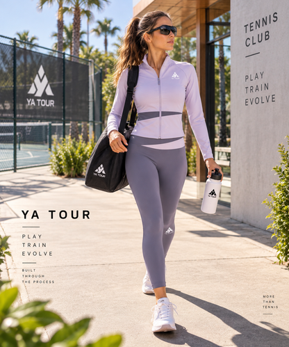 YA TOUR Women's Color Block Tennis Leggings – Deep Purple with Light Purple color block crossover waistband, on-model walking front view showing high-waist fit, full-length silhouette and YA TOUR logo on calf at outdoor tennis club