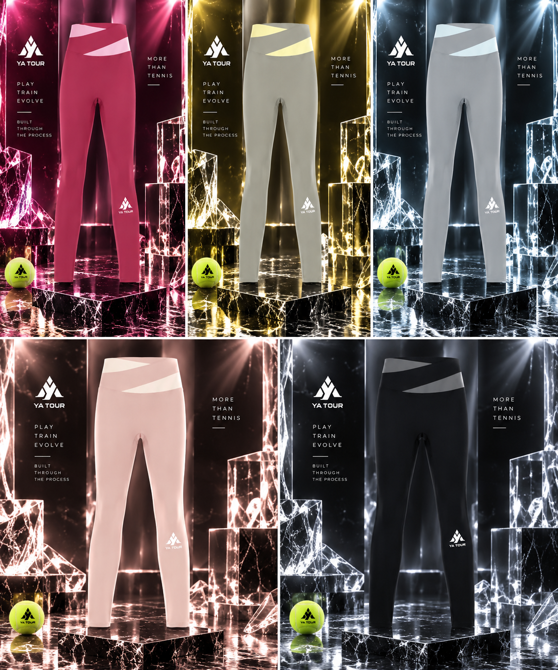 YA TOUR Women's Color Block Tennis Leggings – full color range display showing Black with Dark Gray, Light Pink with Apricot, Rose Red with Pink, Light Gray with Light Yellow, Deep Purple with Light Purple and Light Gray with Light Blue colorways with color block crossover waistband detail, high-waist silhouette and YA TOUR logo on calf