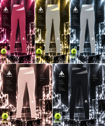 YA TOUR Women's Color Block Tennis Leggings – full color range display showing Black with Dark Gray, Light Pink with Apricot, Rose Red with Pink, Light Gray with Light Yellow, Deep Purple with Light Purple and Light Gray with Light Blue colorways with color block crossover waistband detail, high-waist silhouette and YA TOUR logo on calf
