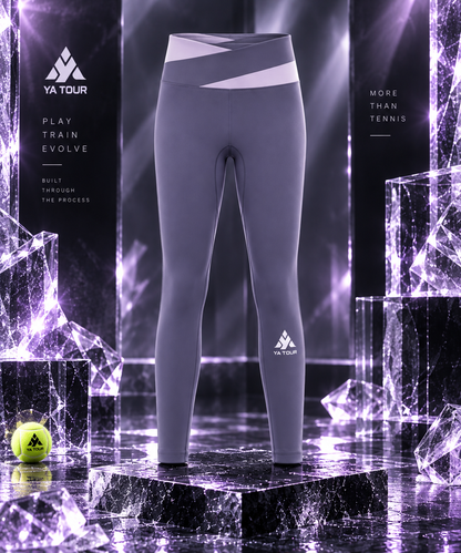 YA TOUR Women's Color Block Tennis Leggings – Deep Purple with Light Purple color block crossover waistband, product display shot showing high-waist silhouette, full-length fit and YA TOUR logo on calf