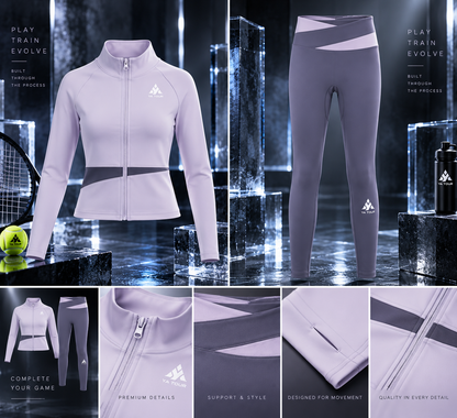 YA TOUR Women's Color Block Tennis Leggings – Deep Purple with Light Purple color block crossover waistband, editorial product shot showing high-waist silhouette, full-length fit and YA TOUR logo on calf alongside detail close-ups of waistband, zipper and fabric construction