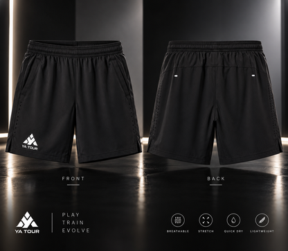 YA TOUR Men's Performance Shorts – Black, front and back product display showing elastic waistband, side pockets, side vent hem and YA TOUR logo on left leg, with Breathable, Stretch, Quick Dry and Lightweight performance icons