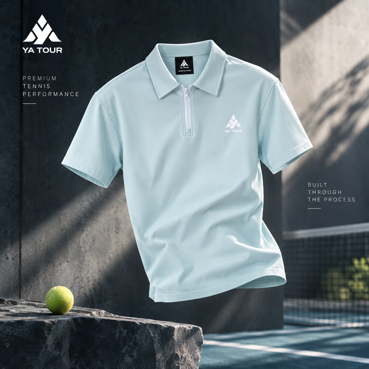 YA TOUR Contrast Collar Raglan Polo Shirt – Light Blue, floating product shot on dark stone court background showing quarter-zip, YA TOUR logo, and "Built Through The Process" tagline