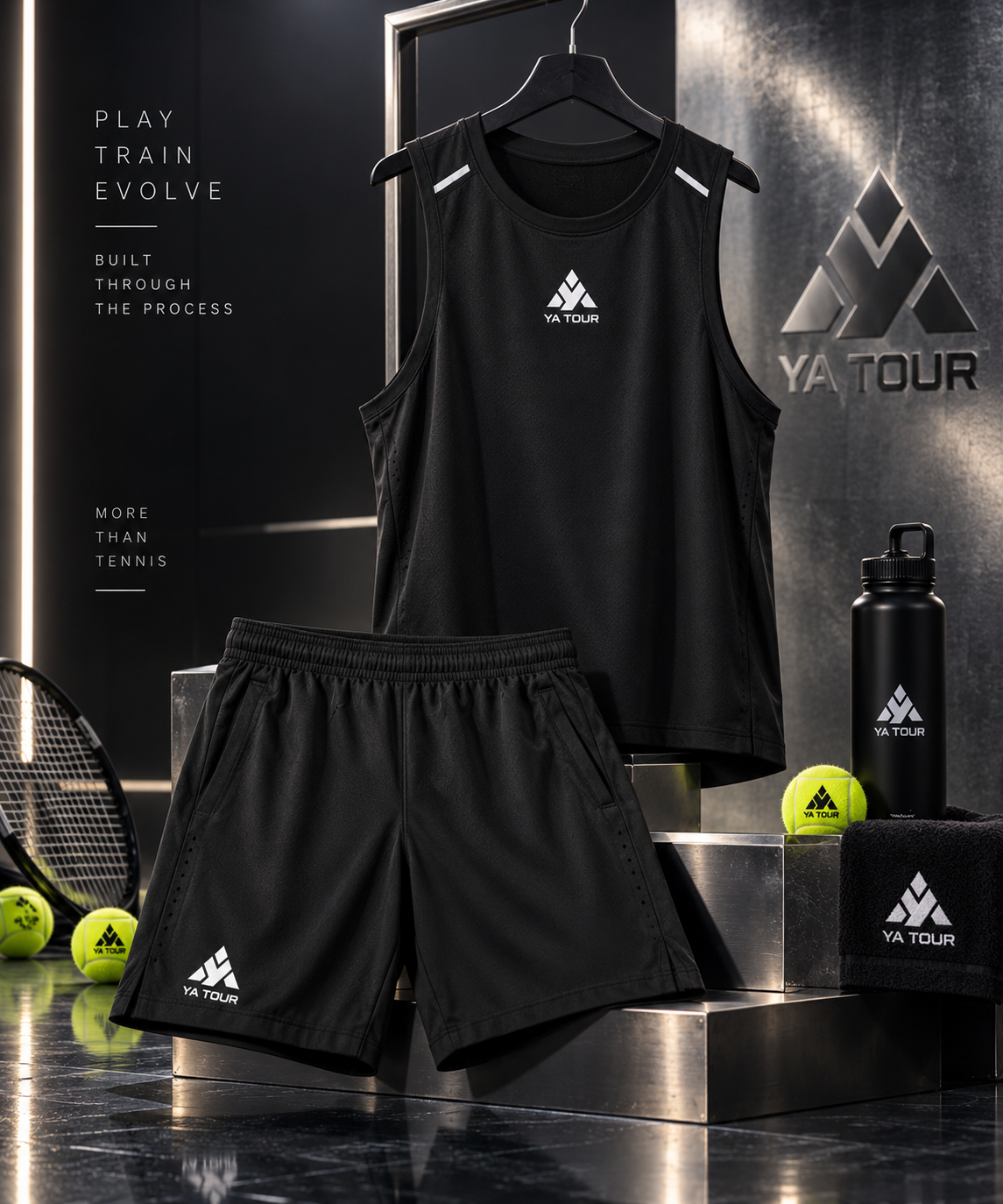 YA TOUR Men's Performance Shorts – Black, editorial flat lay showing full YA TOUR performance set with tank top on hanger, shorts, racket, YA TOUR water bottle, towel and tennis balls in dark metallic studio setting