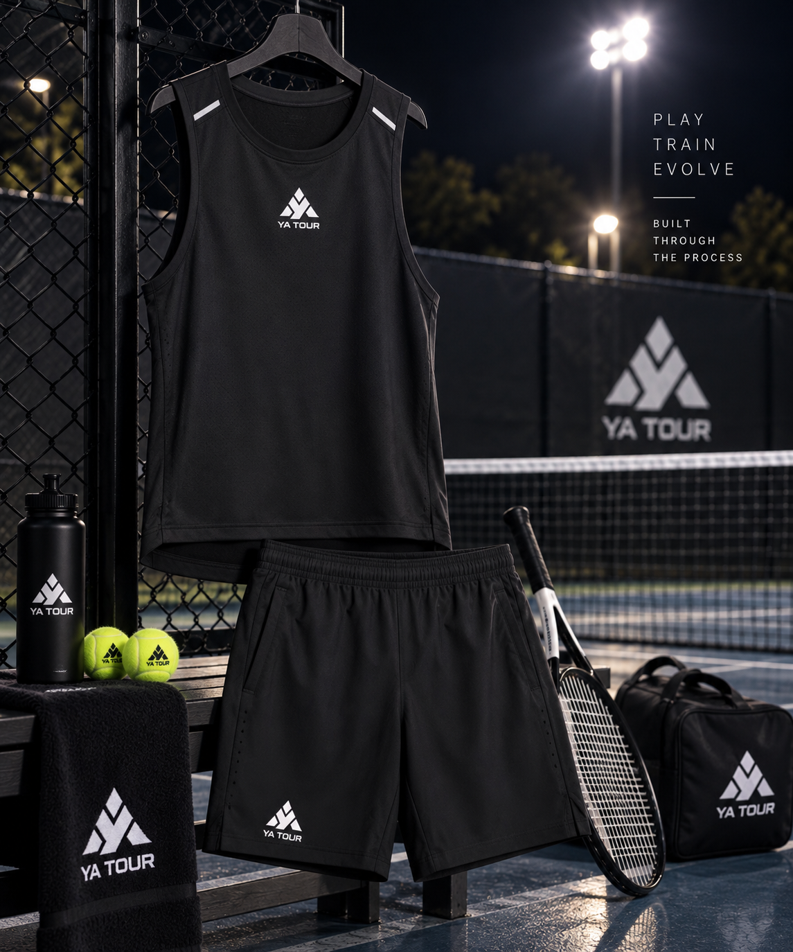 YA TOUR Men's Performance Shorts – Black, outdoor night product display showing full YA TOUR performance set with tank top on hanger, shorts, racket, YA TOUR water bottle, towel, tennis balls and bag on floodlit outdoor tennis court