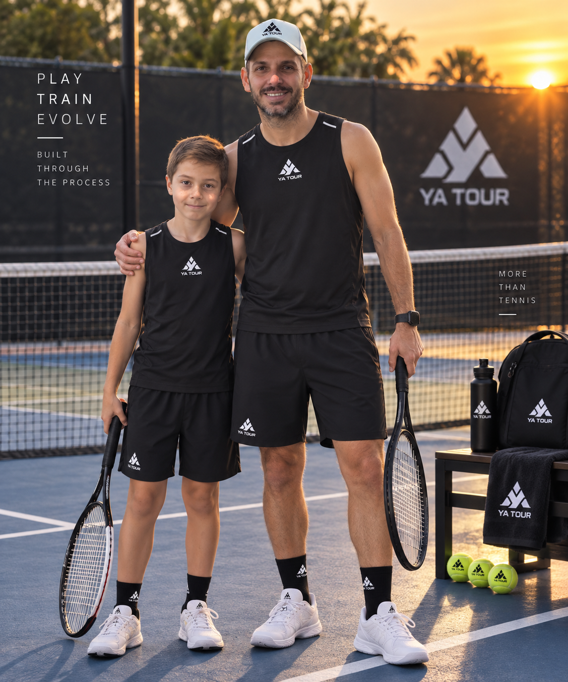 YA TOUR Men's Performance Shorts – Black, on-model lifestyle shot showing coach and young athlete wearing full YA TOUR performance set with elastic waistband shorts, YA TOUR logo on leg, holding rackets at outdoor tennis court at sunset