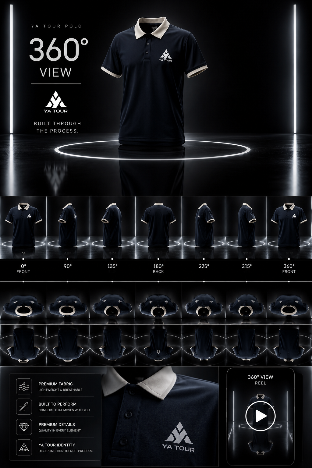 YA TOUR Contrast Collar Raglan Polo Shirt – Navy with Cream contrast collar, 360° product view infographic showing front, side, back and all angles with YA TOUR logo, fabric highlights and Built Through The Process brand identity