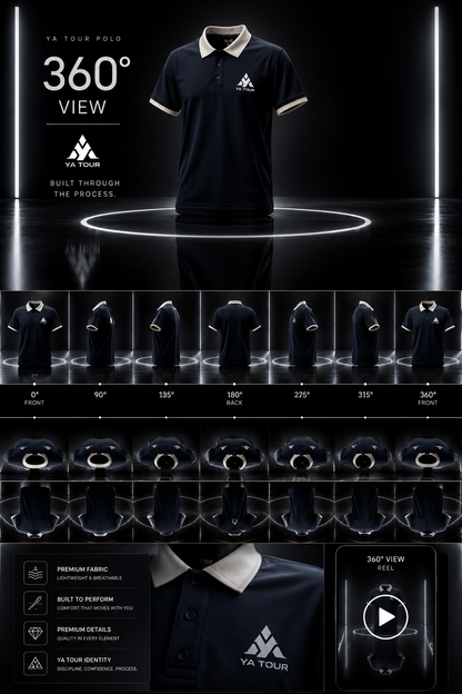 YA TOUR Contrast Collar Raglan Polo Shirt – Navy with Cream contrast collar, 360° product view infographic showing front, side, back and all angles with YA TOUR logo, fabric highlights and Built Through The Process brand identity