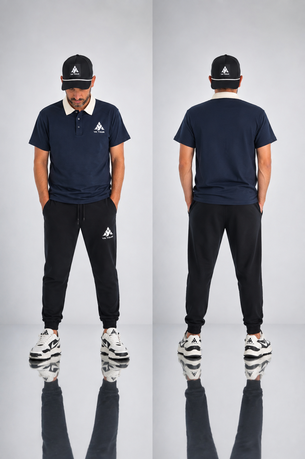 YA TOUR Contrast Collar Raglan Polo Shirt – Navy with Cream contrast collar, on-model front and back editorial view styled with YA TOUR black joggers and black cap, showing raglan sleeves, YA TOUR logo on chest and clean back silhouette