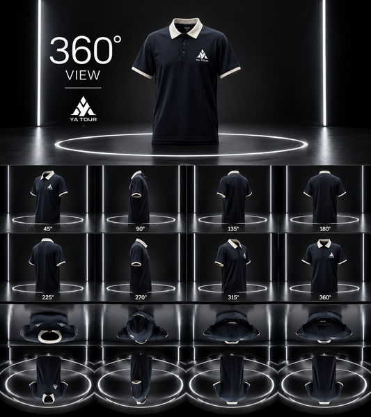 YA TOUR Contrast Collar Raglan Polo Shirt – Navy with Cream contrast collar, 360° multi-angle product view showing front, 45°, 90°, 135°, 180°, 225°, 270°, 315° and 360° angles including top-down collar and bottom-up construction detail