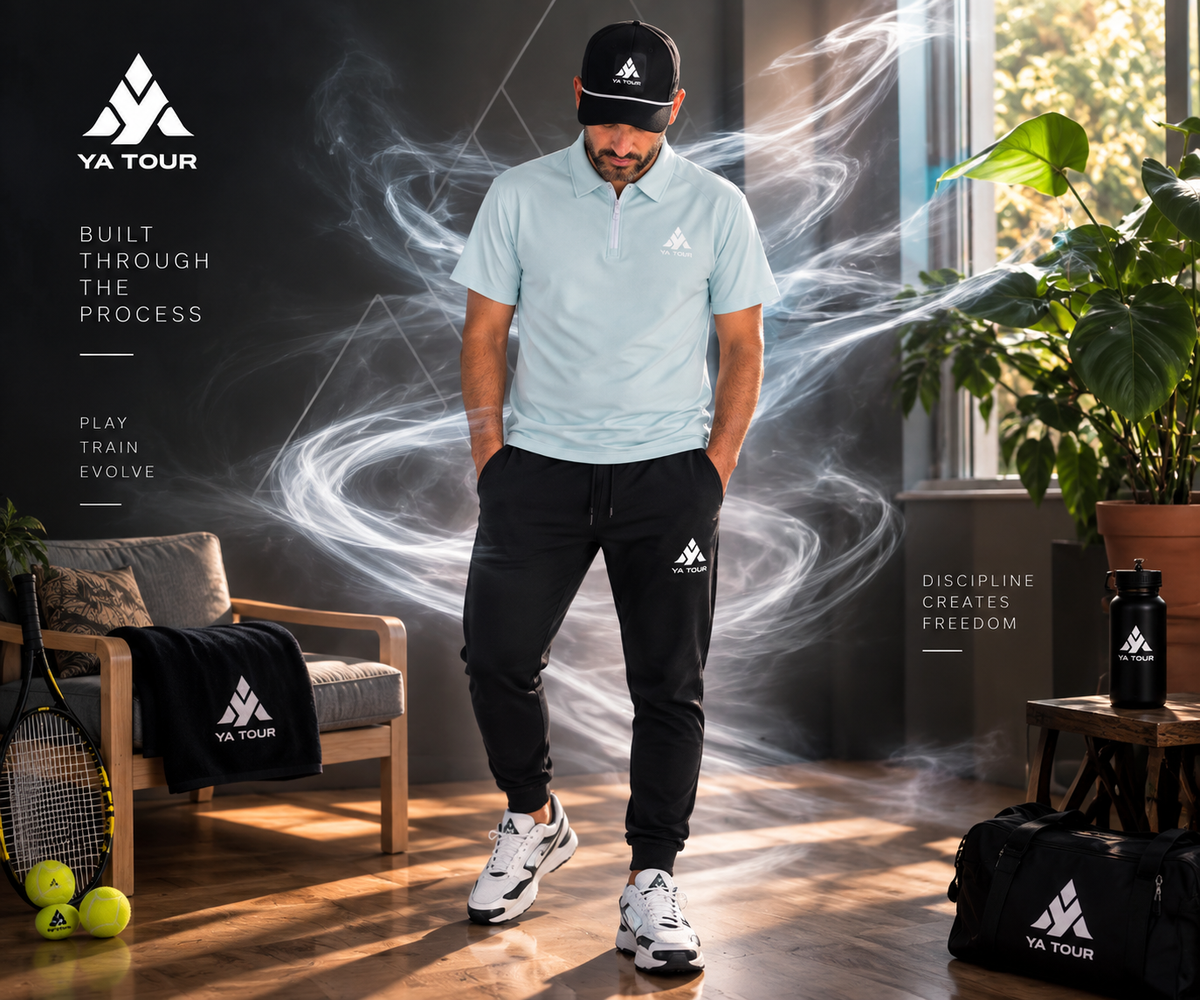 YA TOUR Contrast Collar Raglan Polo Shirt – Light Blue, on-model editorial shot styled with YA TOUR cap and joggers, "Built Through The Process" brand tagline overlay