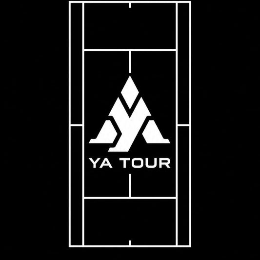 YA TOUR logo centered on a tennis court outline – black and white brand graphic for Private Coaching service