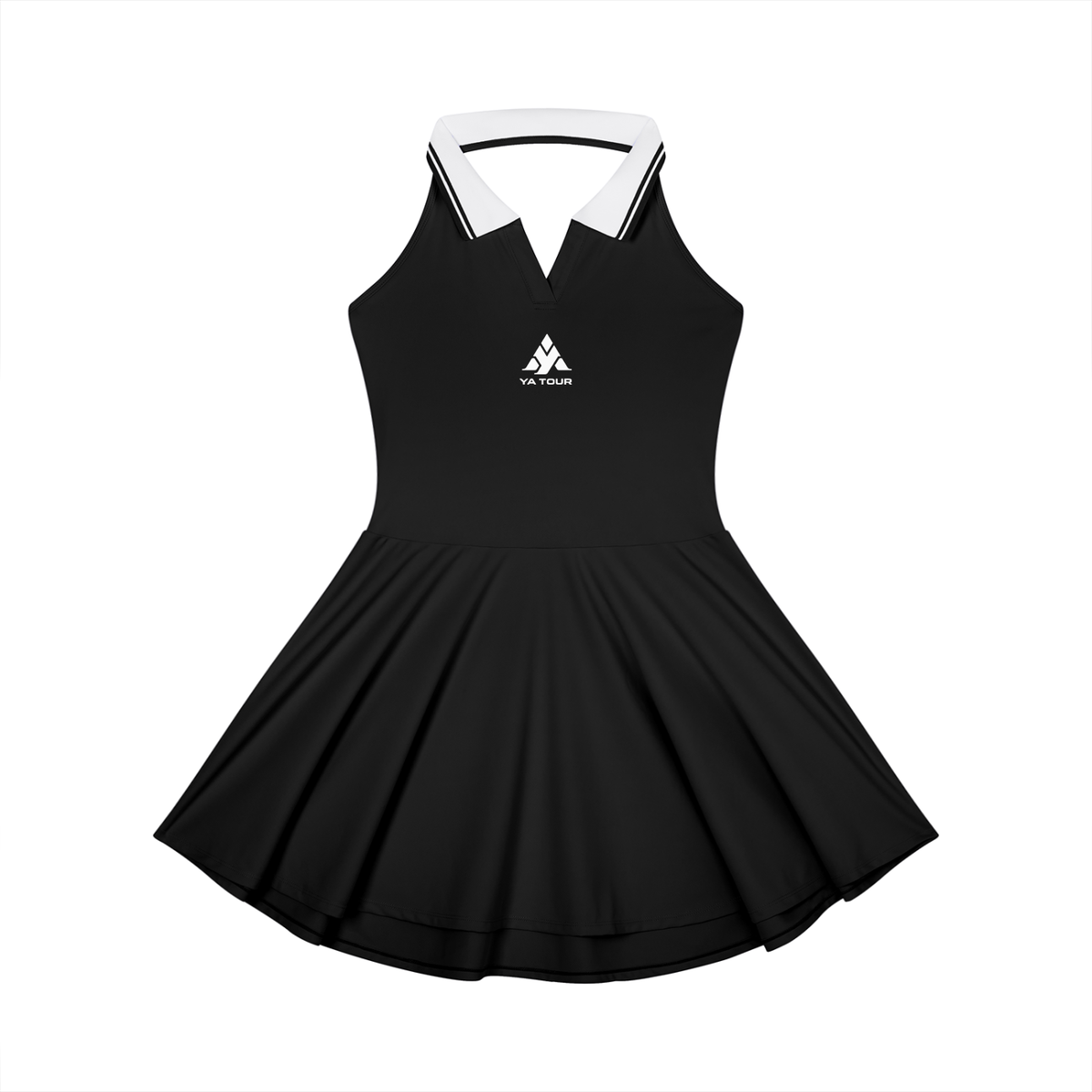 YA TOUR Women's Collared Halter A-Line Tennis Dress black — front view with white collared neckline and A-line pleated skirt