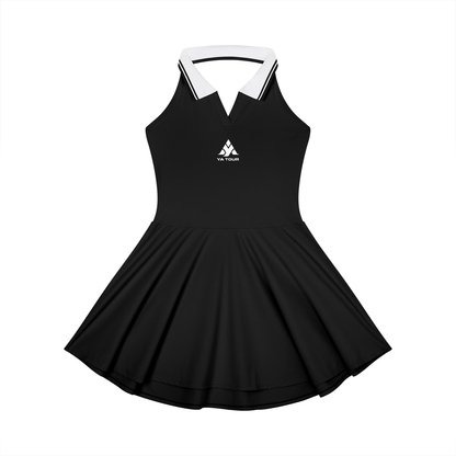 YA TOUR Women's Collared Halter A-Line Tennis Dress black — front view with white collared neckline and A-line pleated skirt