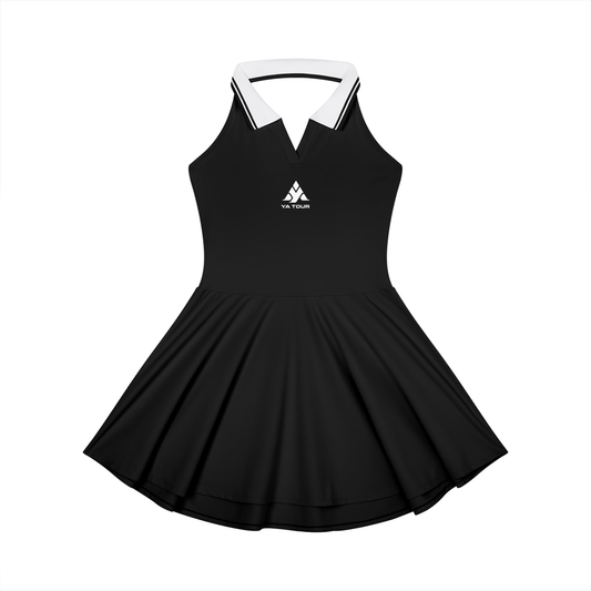 YA TOUR Women's Collared Halter A-Line Tennis Dress black — front view with white collared neckline and A-line pleated skirt