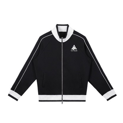 YA TOUR Color Block Raglan Sleeve Zip Track Jacket black and white — front view with YA TOUR logo