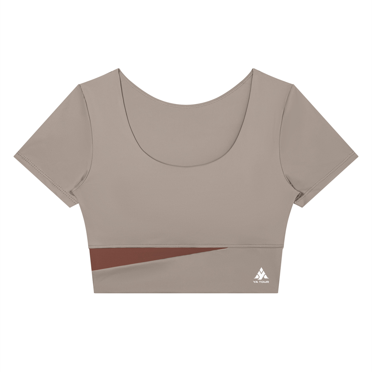 YA TOUR Women's Panelled Crop Tennis T-Shirt – Gray Purple with Brick Red diagonal panel, front flat lay showing U-neck, short sleeve crop fit and YA TOUR logo on hem