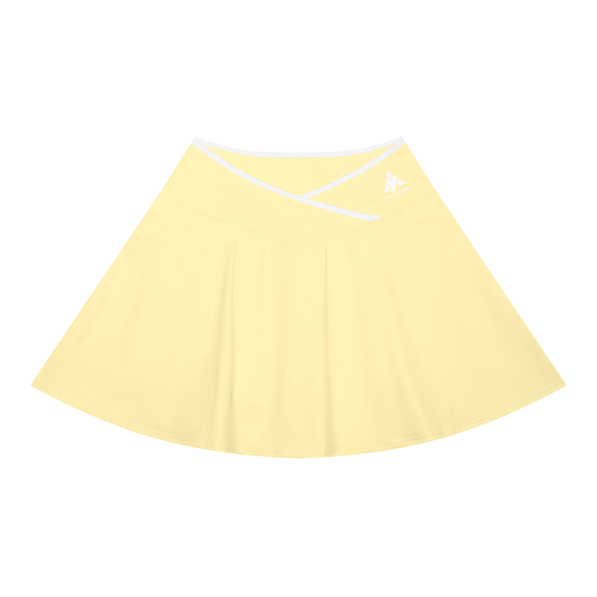 YA TOUR Women's Color Block A-Line Skirt – Light Yellow with white crossover color block waistband, front flat lay showing A-line silhouette and YA TOUR logo