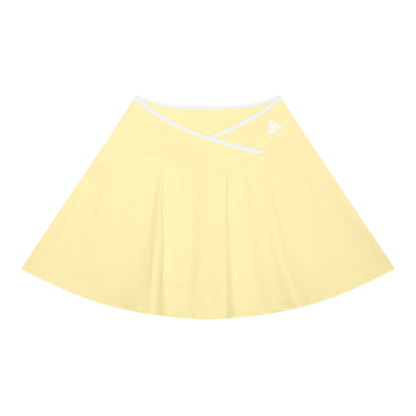 YA TOUR Women's Color Block A-Line Skirt – Light Yellow with white crossover color block waistband, front flat lay showing A-line silhouette and YA TOUR logo