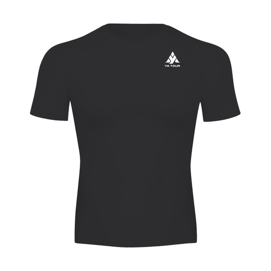 YA TOUR Performance Short Sleeve Tennis T-Shirt – Black, front view with YA TOUR logo on chest