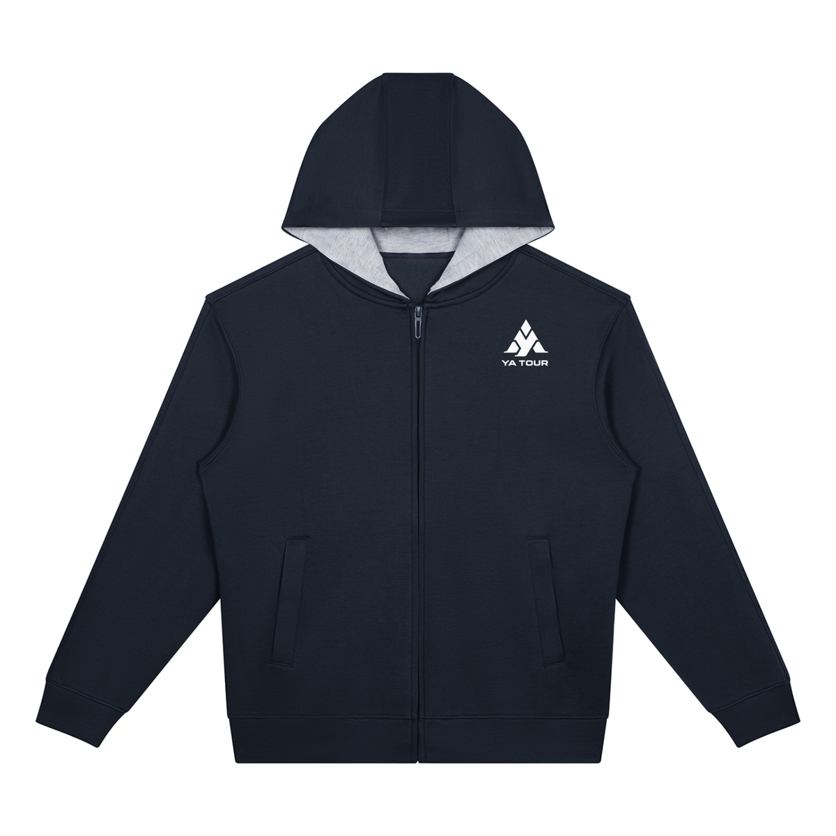 YA TOUR Drop Shoulder Full Zip Hoodie – Navy Blue, front view showing drop shoulder construction, full-zip closure, hood and long sleeves with YA TOUR logo on chest
