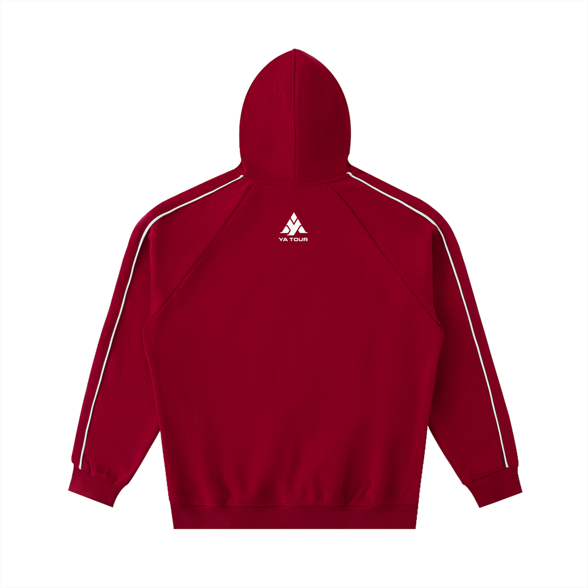 YA TOUR Contrast Piping Raglan Hoodie red — back view showing white contrast piping along raglan seams and YA TOUR logo