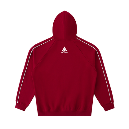 YA TOUR Contrast Piping Raglan Hoodie red — back view showing white contrast piping along raglan seams and YA TOUR logo