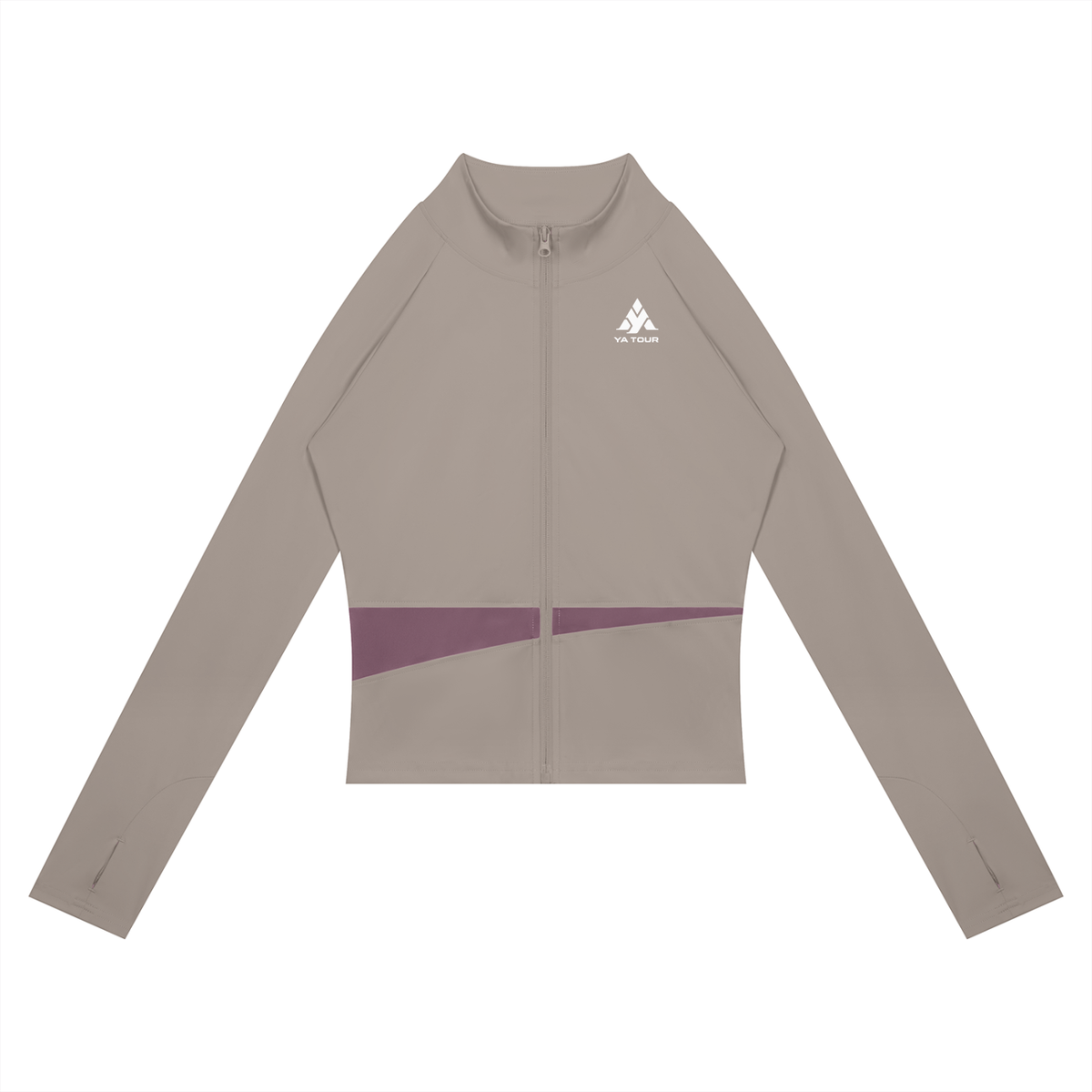 YA TOUR Women's Paneled Tennis Jacket – Khaki with Deep Mauve panel, front flat lay showing stand collar, full-zip closure and YA TOUR logo on chest