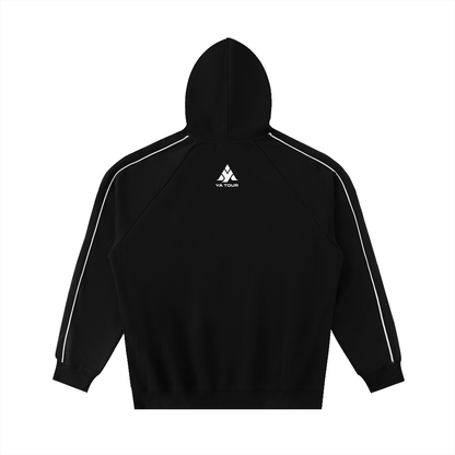 YA TOUR Contrast Piping Raglan Hoodie black — back view showing white contrast piping along raglan seams and YA TOUR logo