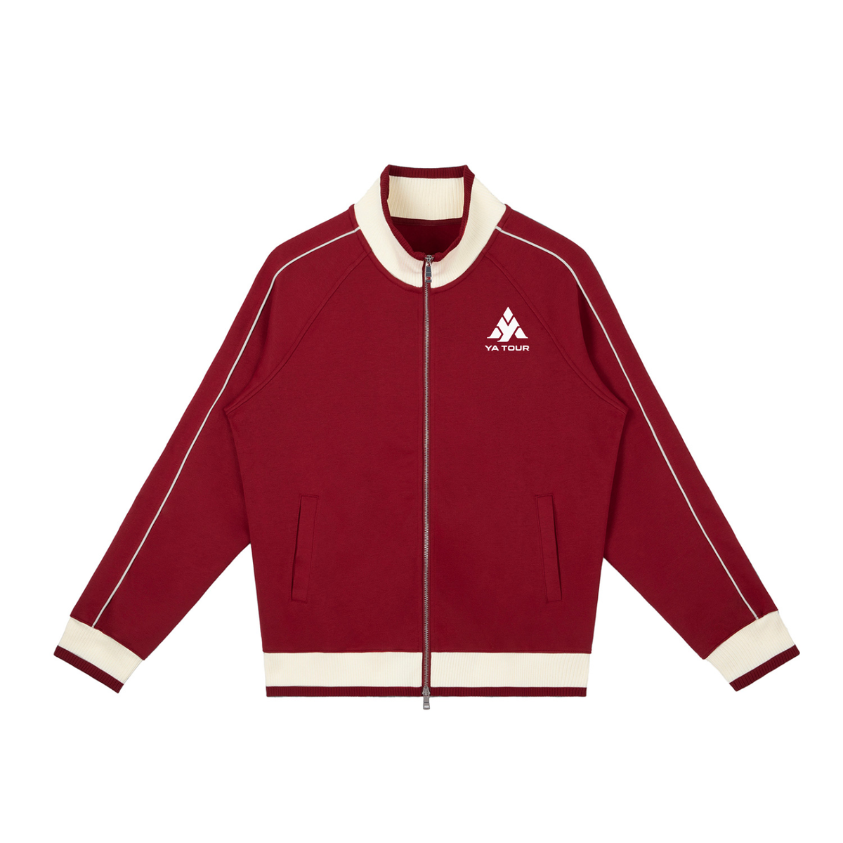 YA TOUR Color Block Raglan Sleeve Zip Track Jacket red — front view with YA TOUR logo