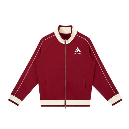 YA TOUR Color Block Raglan Sleeve Zip Track Jacket red — front view with YA TOUR logo
