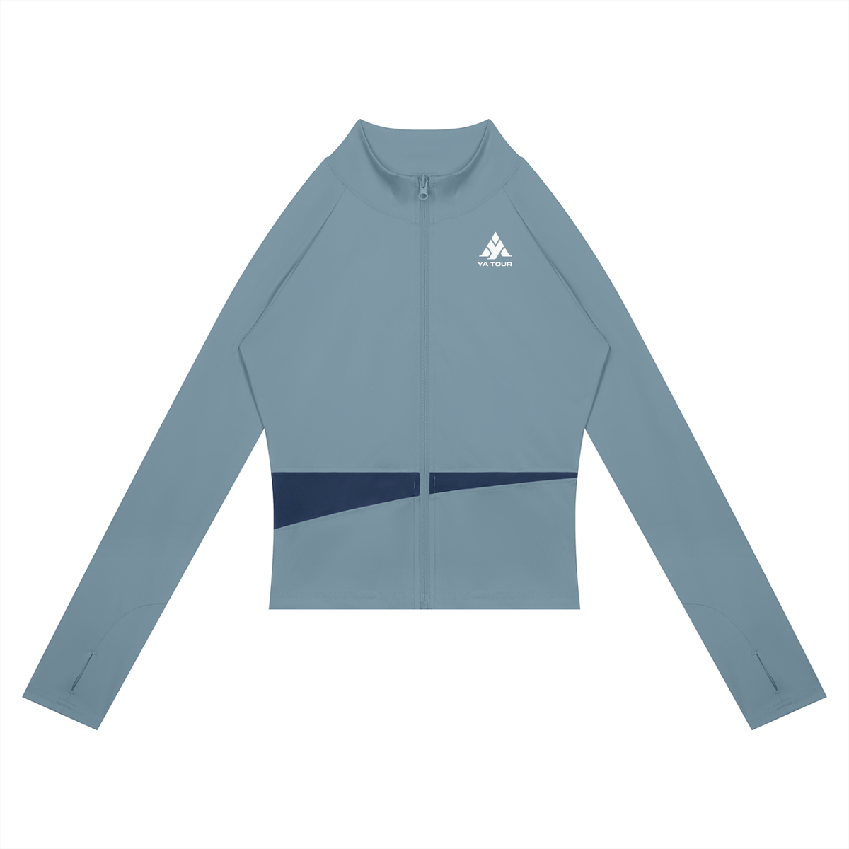 YA TOUR Women's Paneled Tennis Jacket – Gray Blue with Navy Blue panel, front flat lay showing stand collar, full-zip closure and YA TOUR logo on chest