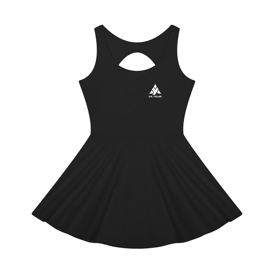 YA TOUR Women's Open-Back Tennis Dress – Black, flat lay front view with YA TOUR logo