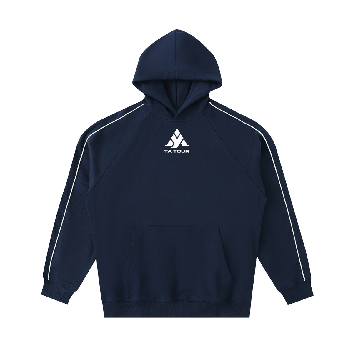 YA TOUR Contrast Piping Raglan Hoodie navy blue — front view with white contrast piping on raglan sleeves and YA TOUR logo on chest