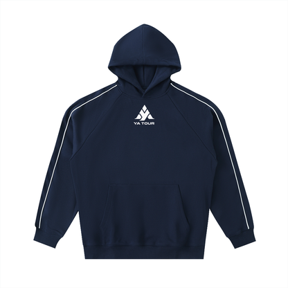 YA TOUR Contrast Piping Raglan Hoodie navy blue — front view with white contrast piping on raglan sleeves and YA TOUR logo on chest