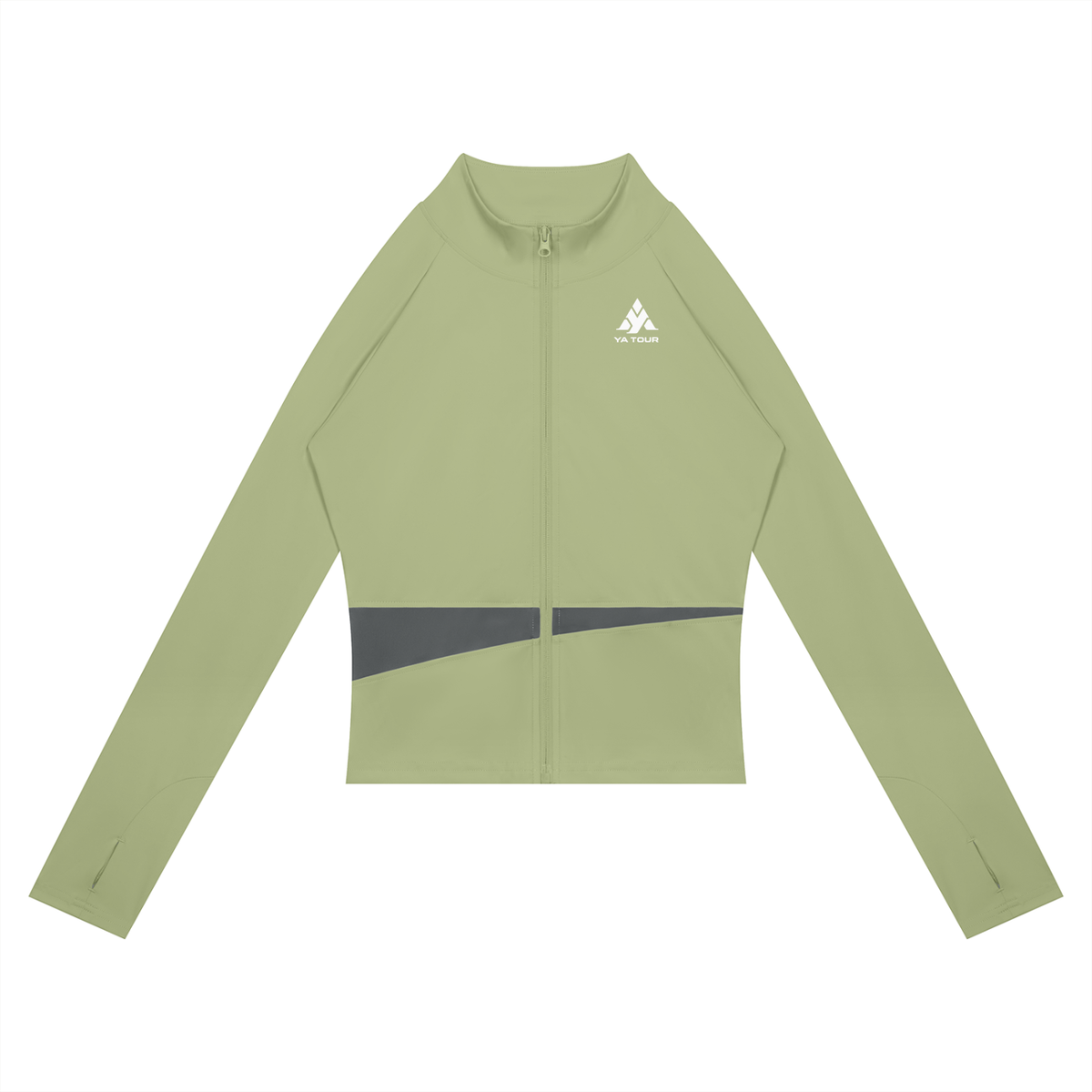 YA TOUR Women's Paneled Tennis Jacket – Bean Green with Dark Gray panel, front flat lay showing stand collar, full-zip closure and YA TOUR logo on chest