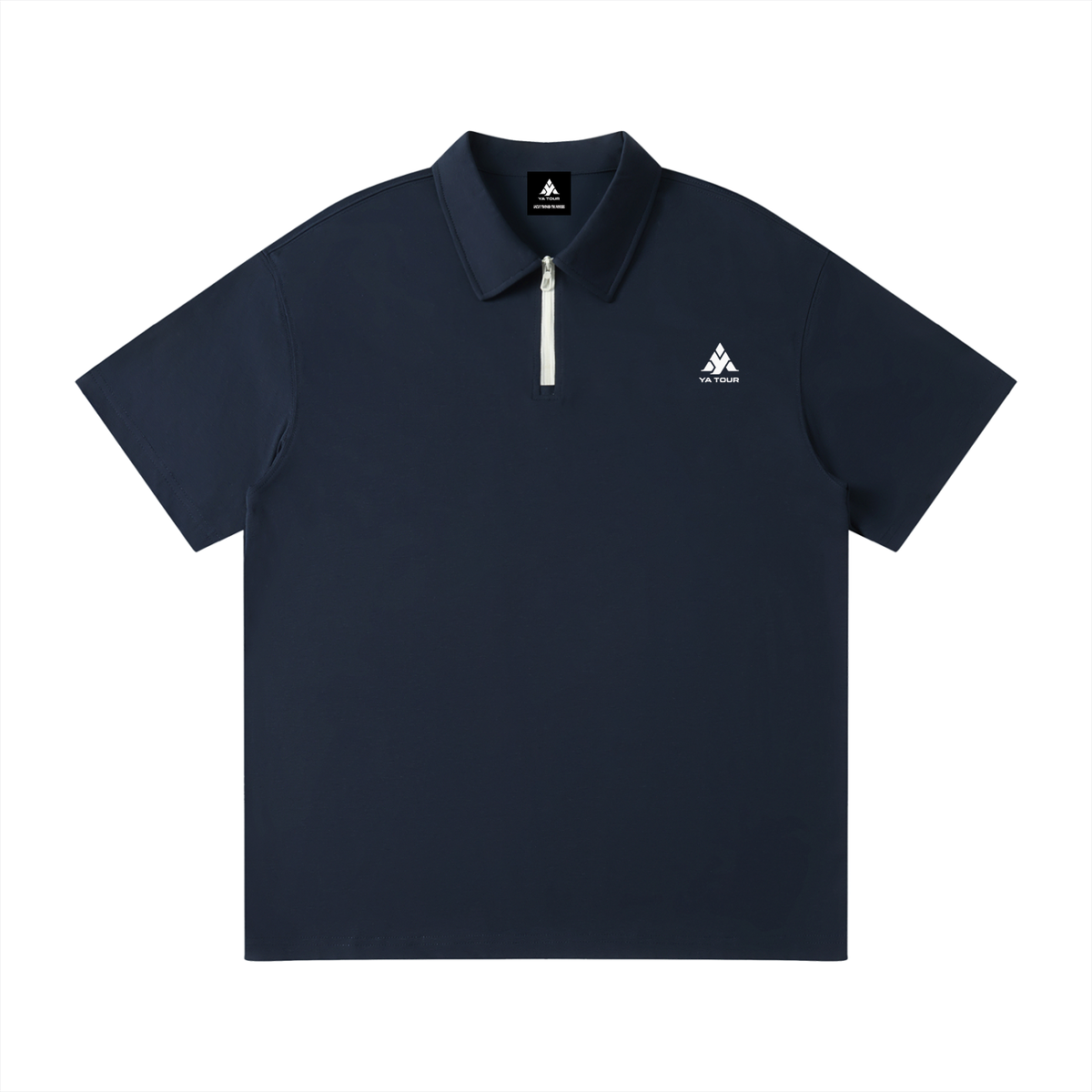 YA TOUR Unisex Quarter-Zip Polo Shirt – Navy Blue, front flat lay showing lapel collar and quarter-zip closure with logo YA TOUR
