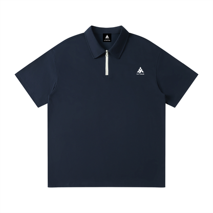 YA TOUR Unisex Quarter-Zip Polo Shirt – Navy Blue, front flat lay showing lapel collar and quarter-zip closure with logo YA TOUR