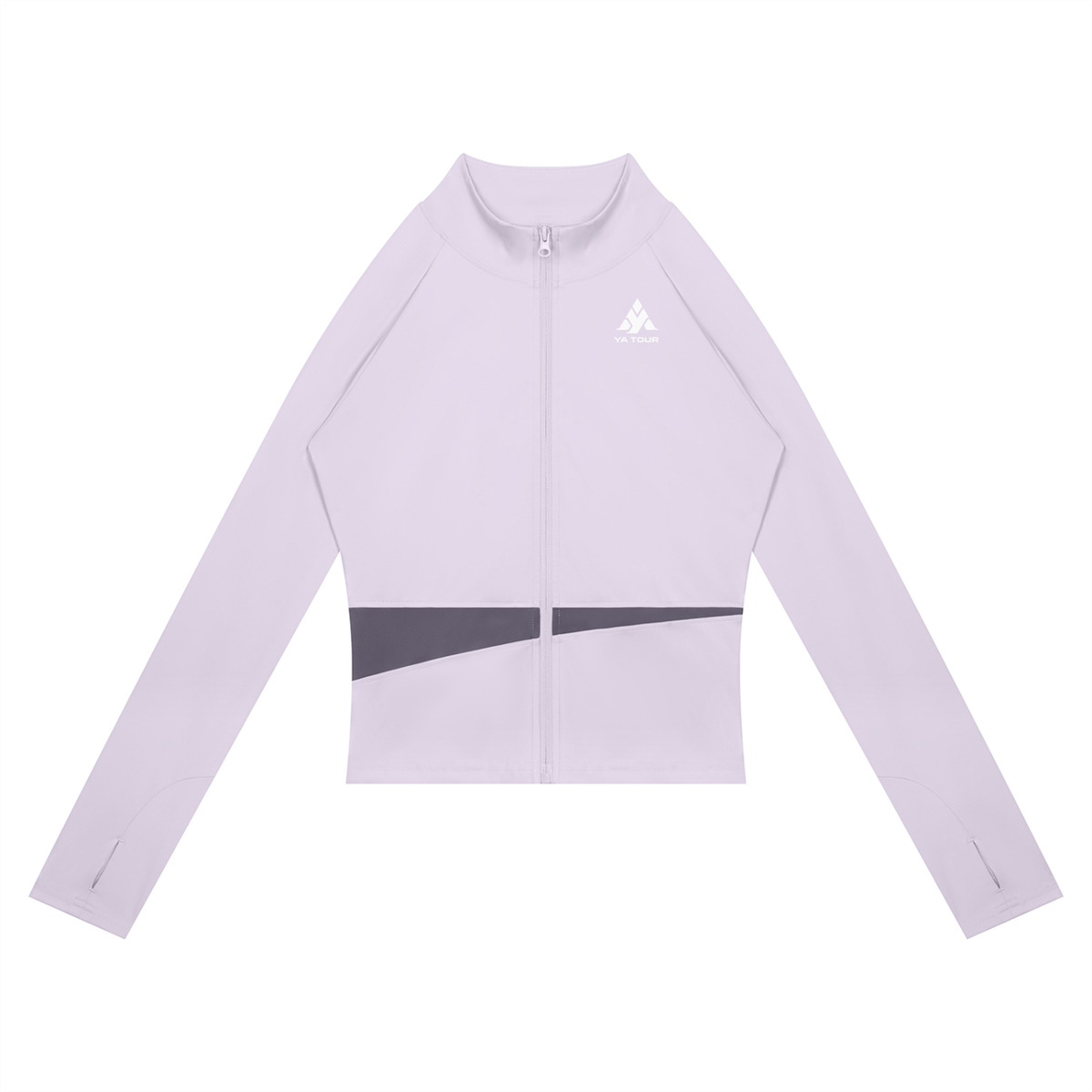 YA TOUR Women's Paneled Tennis Jacket – Light Purple with Deep Purple panel, front flat lay showing stand collar, full-zip closure and YA TOUR logo on chest