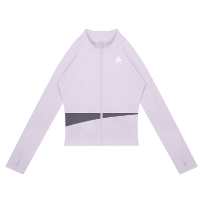 YA TOUR Women's Paneled Tennis Jacket – Light Purple with Deep Purple panel, front flat lay showing stand collar, full-zip closure and YA TOUR logo on chest