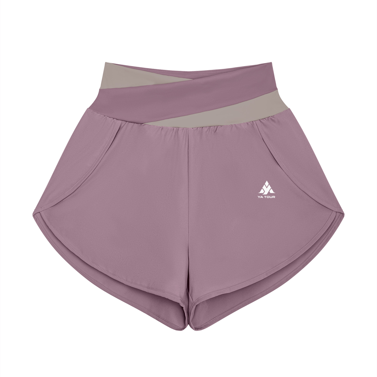 YA TOUR Women's Tennis Panelled Shorts – Deep Purple with Light Purple crossover color block waistband, front flat lay showing high-waist design, inner liner and overlay construction