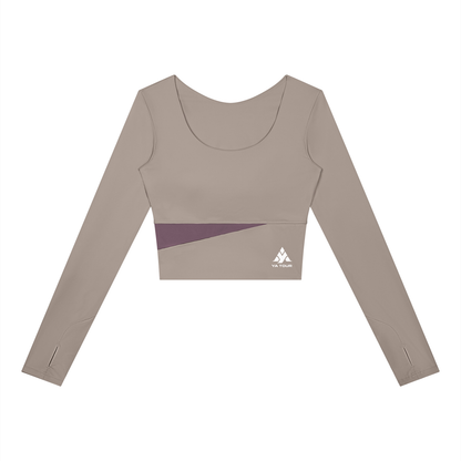 YA TOUR Women's Panelled Long Sleeve Tennis T-Shirt – Gray Purple with Brick Red panel, front flat lay showing U-neck, thumb hole cuffs and YA TOUR logo