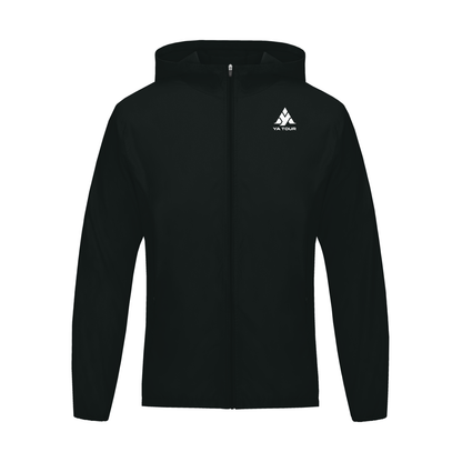 YA TOUR Soft Hooded Sports Tennis Jacket – Black, front flat lay showing full-zip closure, hood and YA TOUR logo on chest, white studio background