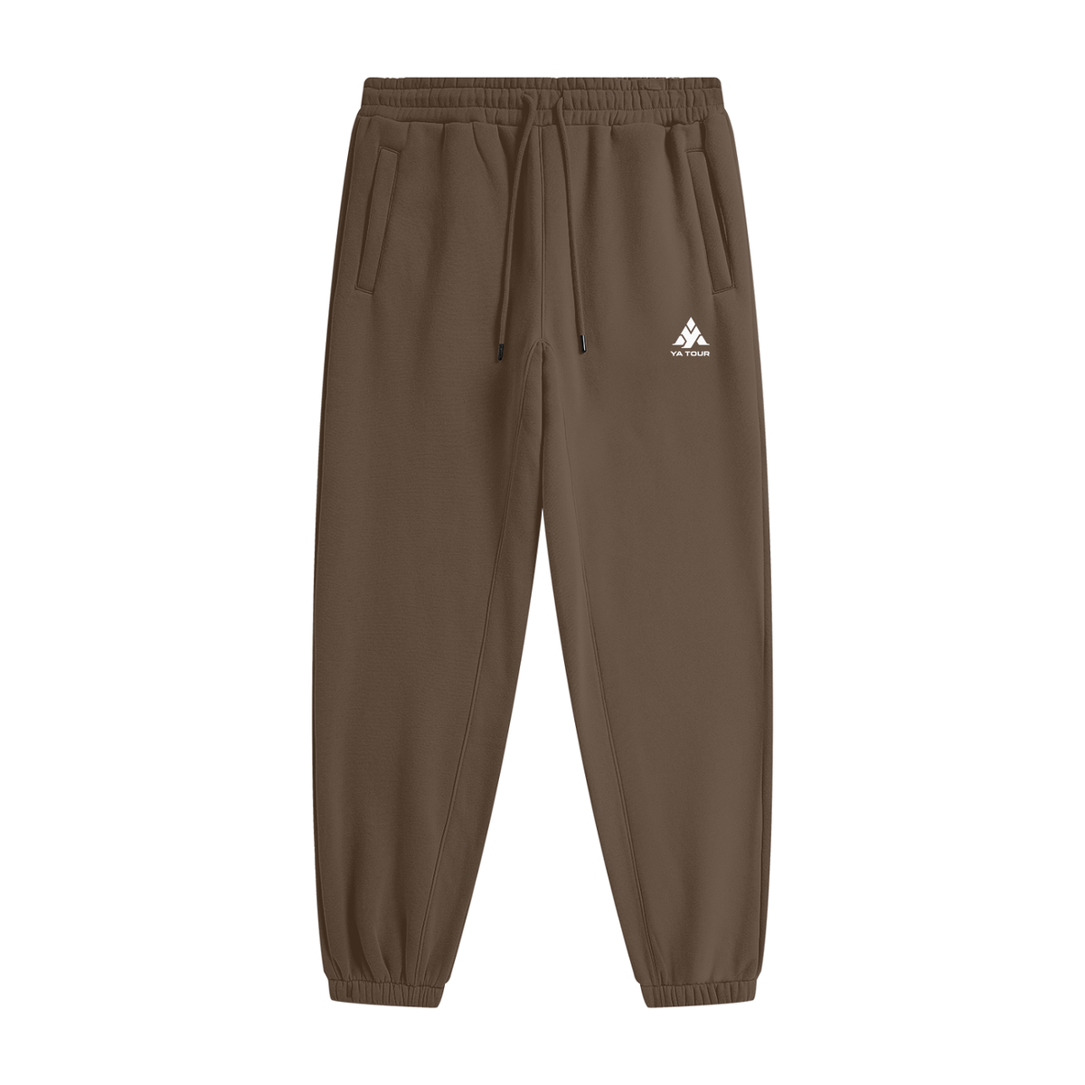 YA TOUR Unisex Heavyweight Fleece Joggers – Dark Brown, front flat lay showing mid-rise elastic waistband with drawstring, side pockets, tapered cuff and YA TOUR logo