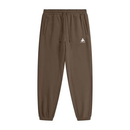 YA TOUR Unisex Heavyweight Fleece Joggers – Dark Brown, front flat lay showing mid-rise elastic waistband with drawstring, side pockets, tapered cuff and YA TOUR logo