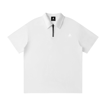 YA TOUR Unisex Quarter-Zip Polo Shirt – White, front flat lay with YA TOUR logo on chest and black quarter-zip