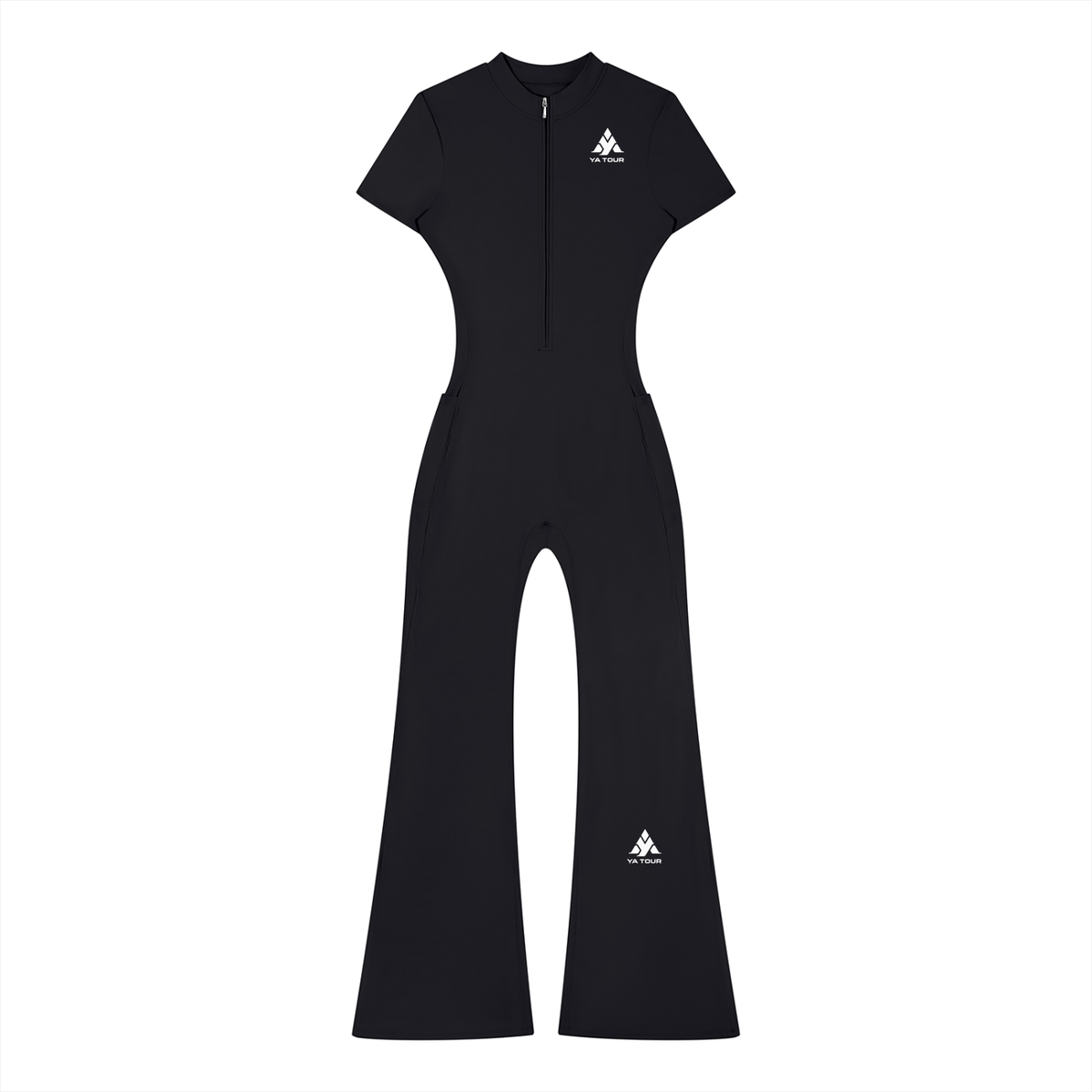 YA TOUR Women's Tight Flared Leg Quarter-Zip Jumpsuit – Black, front view with quarter-zip closure and YA TOUR logo on chest